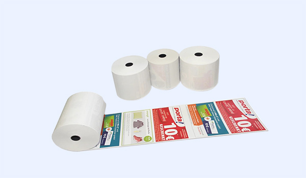 Thermal cash register rolls with custom logo and coupon printing for POS and receipt printers.