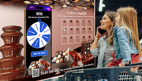 Collectable card with stamps and QR code connected to digital games in a chocolate shop loyalty program