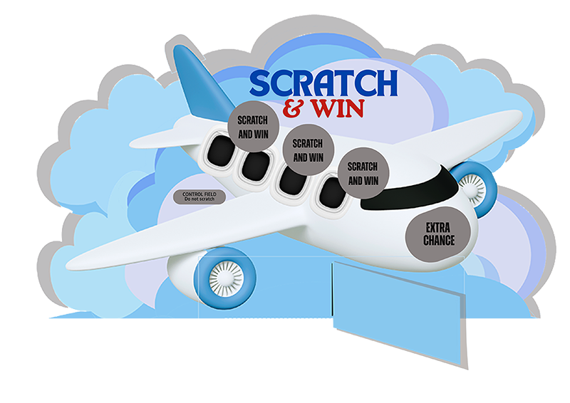 Die-cut scratch-off stand card for event