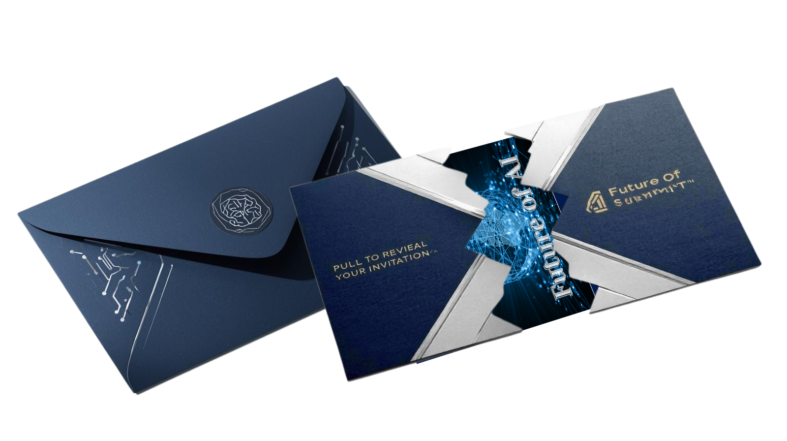 interactive direct mail invitation with zigzag crack and QR code.